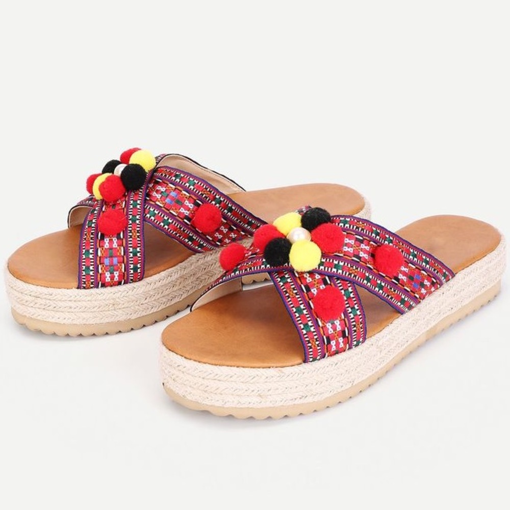 Sofree Pompoms Espadrilles Platform Sandals Size 7
